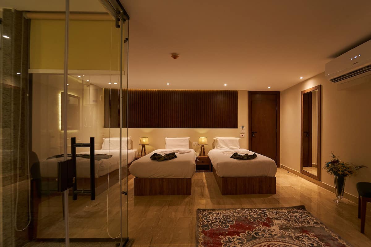 Habitación de hotel con dos camas, cabina de ducha de vidrio, piso de madera y una alfombra estampada.
