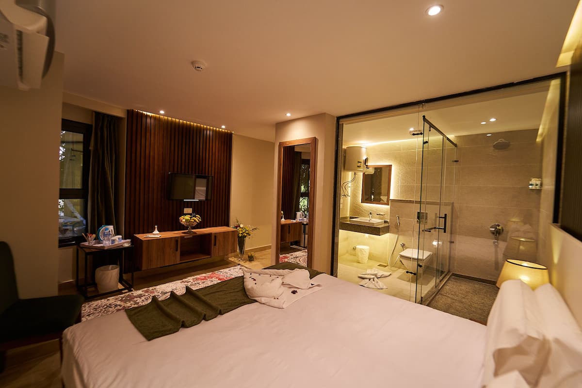 Una habitación de hotel moderna con una cama grande, un escritorio con una silla, un tocador con espejo y una zona de ducha con paredes de cristal.