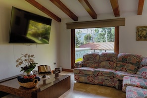 Una sala de estar con televisor, un sofá estampado, una mesa de centro con una planta y una ventana con vista a árboles.
