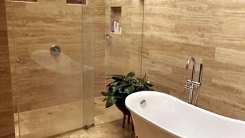 Shower, hair dryer, towels