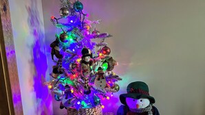 A Christmas tree with colorful lights and ornaments, placed on a woven basket. - Cozy cabin Peaceful Side, Townsend, TN, Laurel Valley, no steep roads (Townsend)