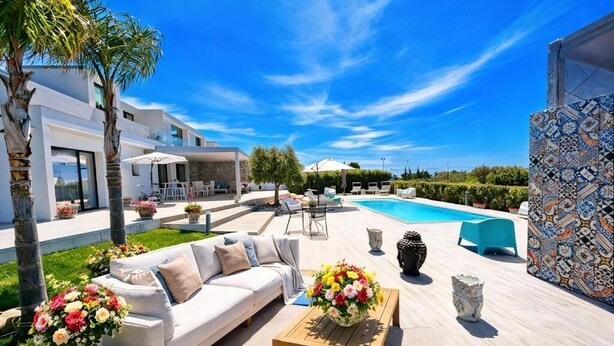 Un espacio exterior moderno con piscina, un sofá blanco y una mesa de centro.