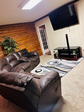 TV, fireplace, video games, foosball