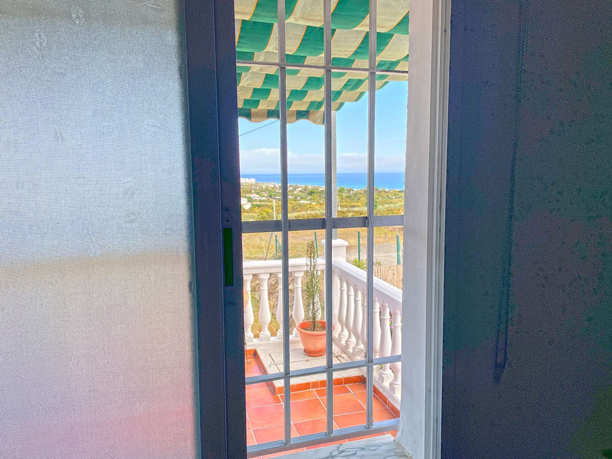 Un balcon donnant sur l’océan, une plante en pot et une balustrade blanche.