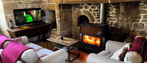 Televisio, takka, kirjoja, tulostin