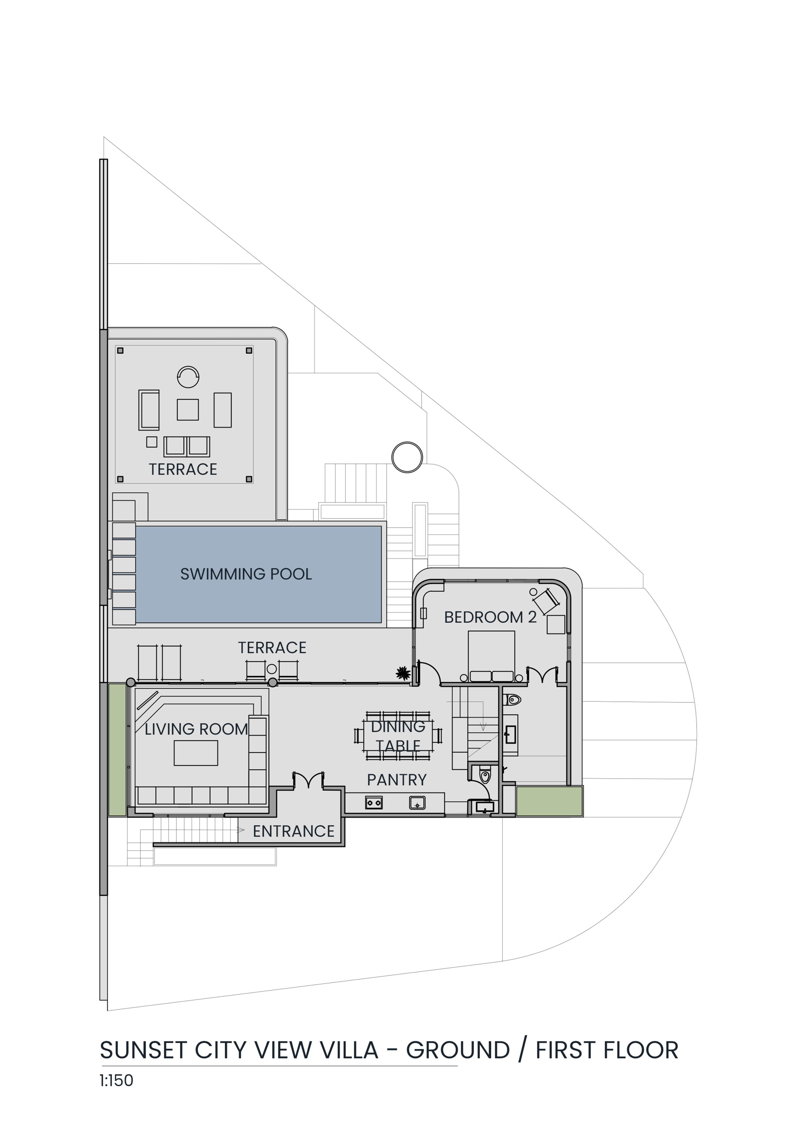 Plano de planta de una Villa con Vista a la Ciudad al Atardecer, que incluye una terraza, piscina, dormitorio, sala de estar, comedor y entrada.
