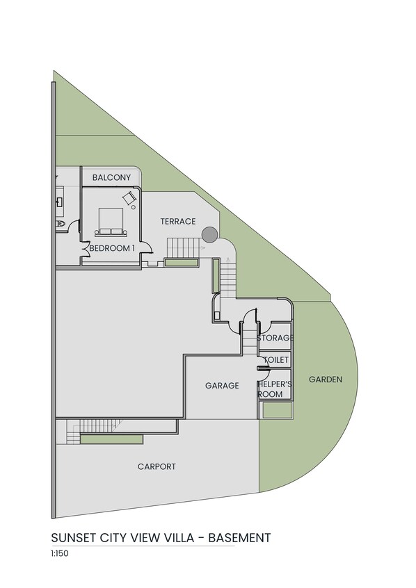 A floor plan of a villa with a balcony, bedroom, terrace, garage, carport, storage, toilet, helper's room, and garden.