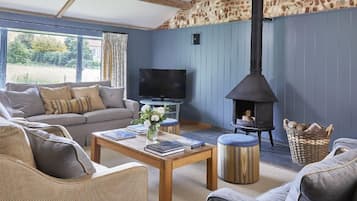 Een televisie, een open haard, een dvd-speler en tafelvoetbal