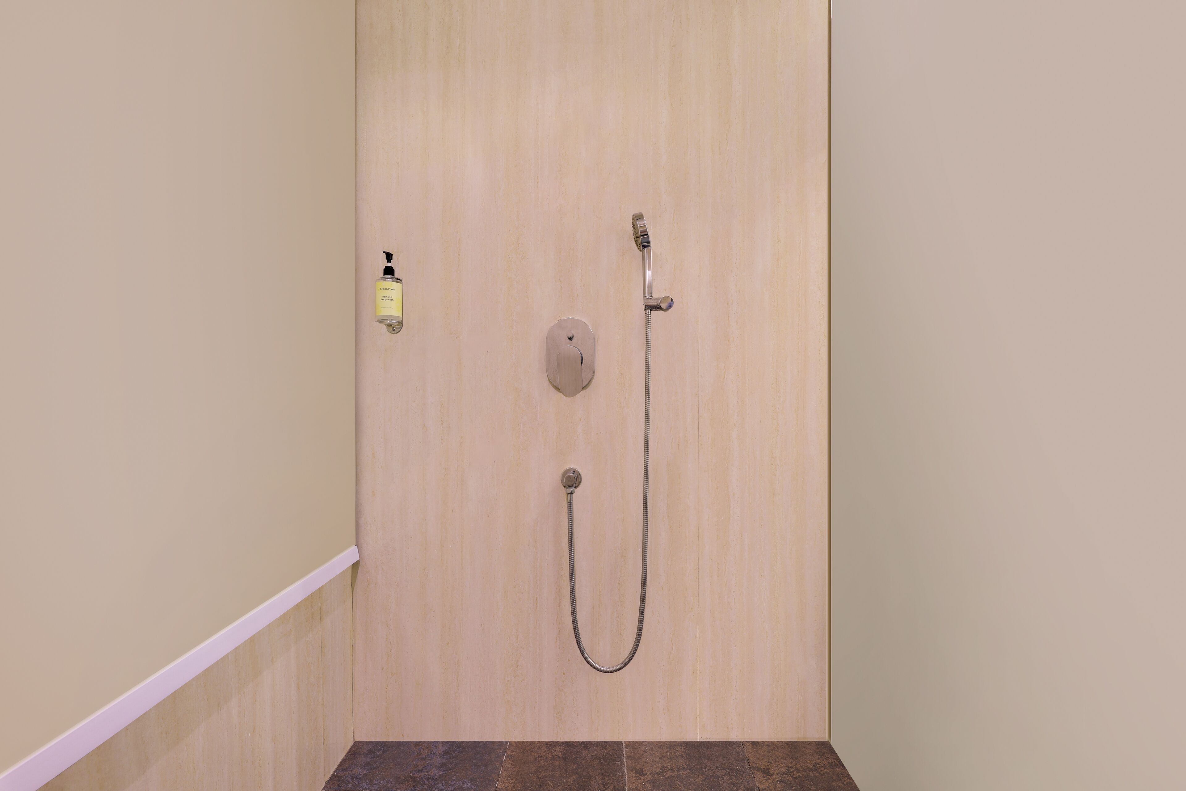 A shower with a handheld showerhead and a wall-mounted control.