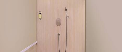 A shower with a handheld showerhead and a wall-mounted control.