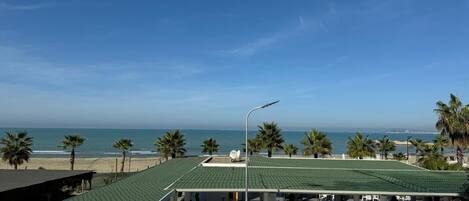 Una terraza en la azotea con vista a la playa, palmeras y un cielo despejado.