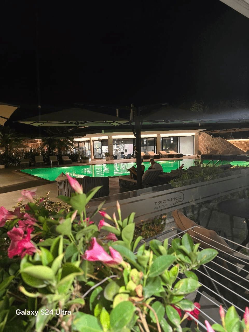 An outdoor pool area with lounge chairs and umbrellas, surrounded by greenery.