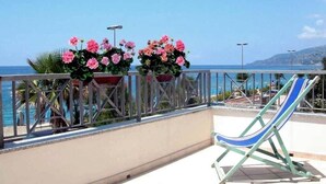 Un balcon avec vue sur la mer, une chaise et des plantes en pot.