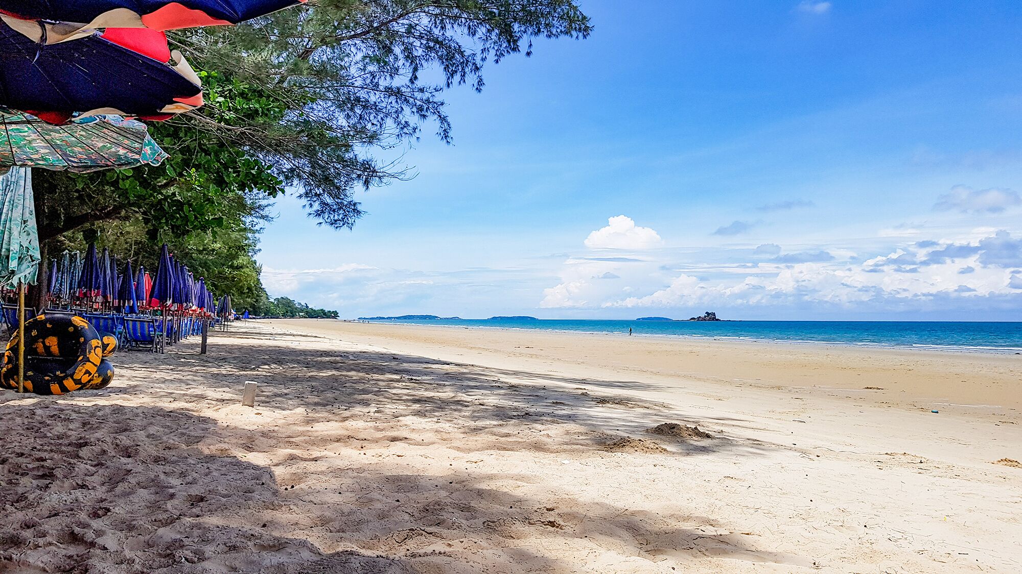 A beach with a row of umbrellas and beach chairs, a sandy shore, and a clear blue sky.