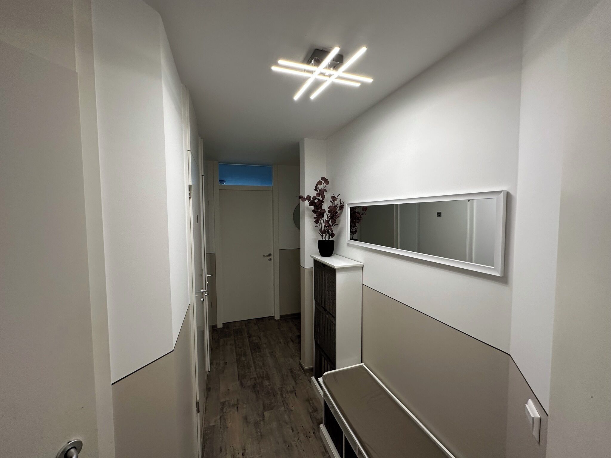 Un couloir moderne avec un plancher en bois, des murs blancs, un miroir et un luminaire au plafond.