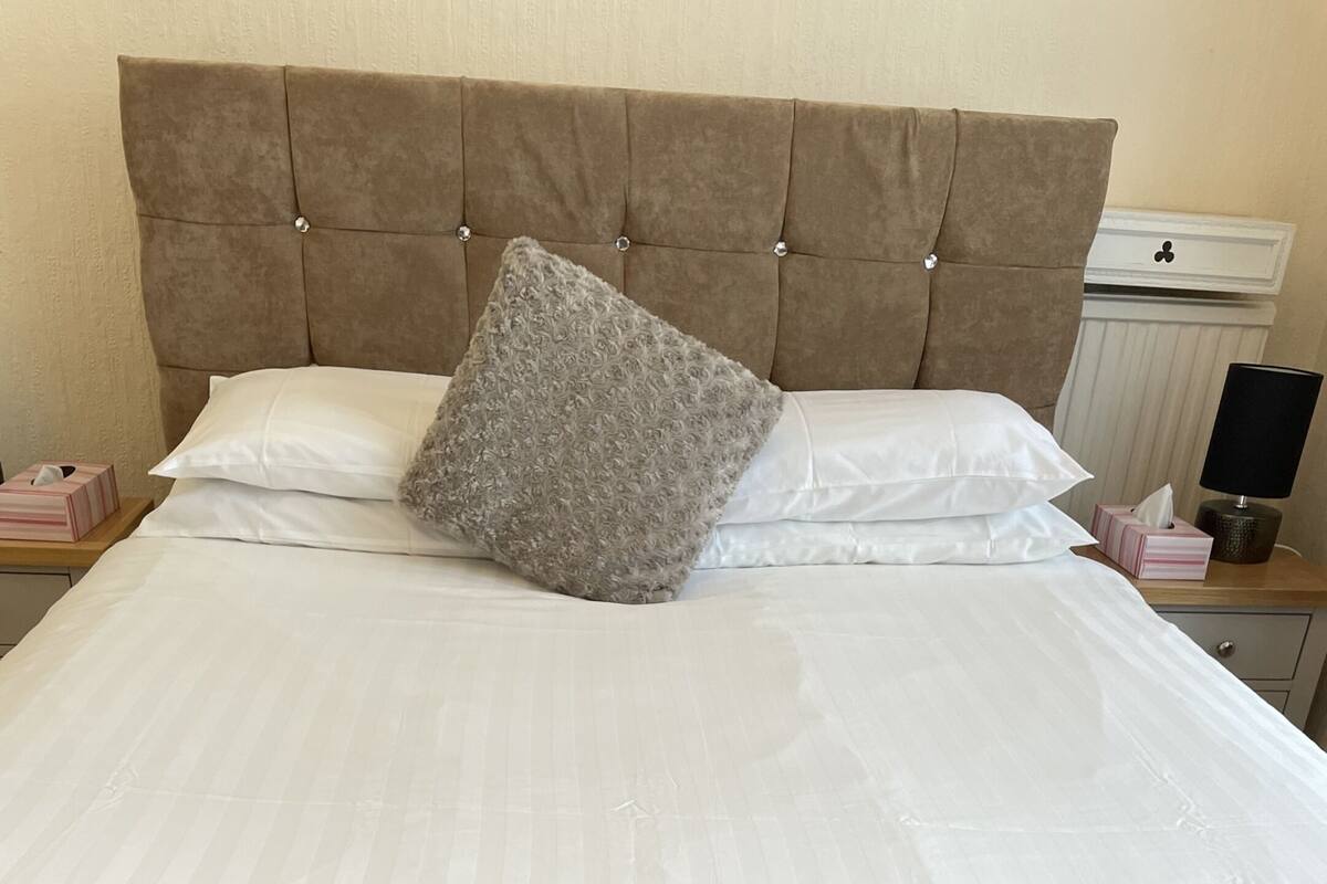 Ein ordentlich bezogenes Bett mit einem Karo-Zudecke, einem gepolsterten Kopfteil und einem Nachttisch mit Lampe und Taschentüchern.