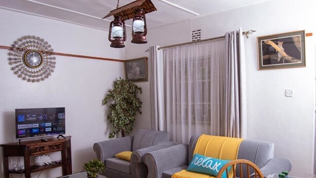 A living room with a grey sofa, a wooden coffee table, a TV on a wooden stand, a potted plant, and a window with sheer curtains.