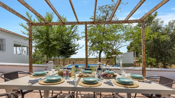Mesa de comedor al aire libre bajo una pérgola, rodeada de sillas.