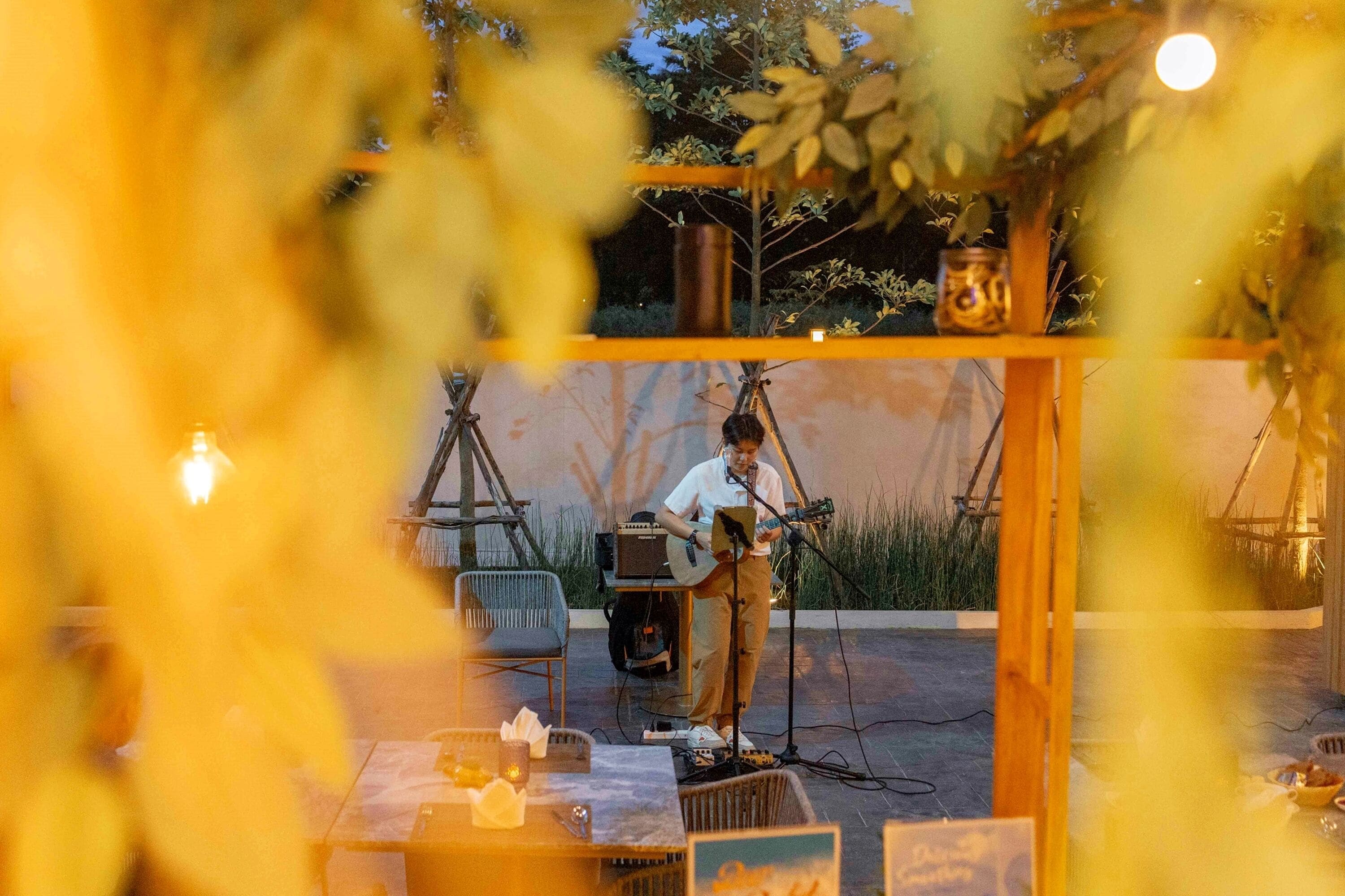 Um músico se apresenta em um palco ao ar livre, com um microfone e uma guitarra.