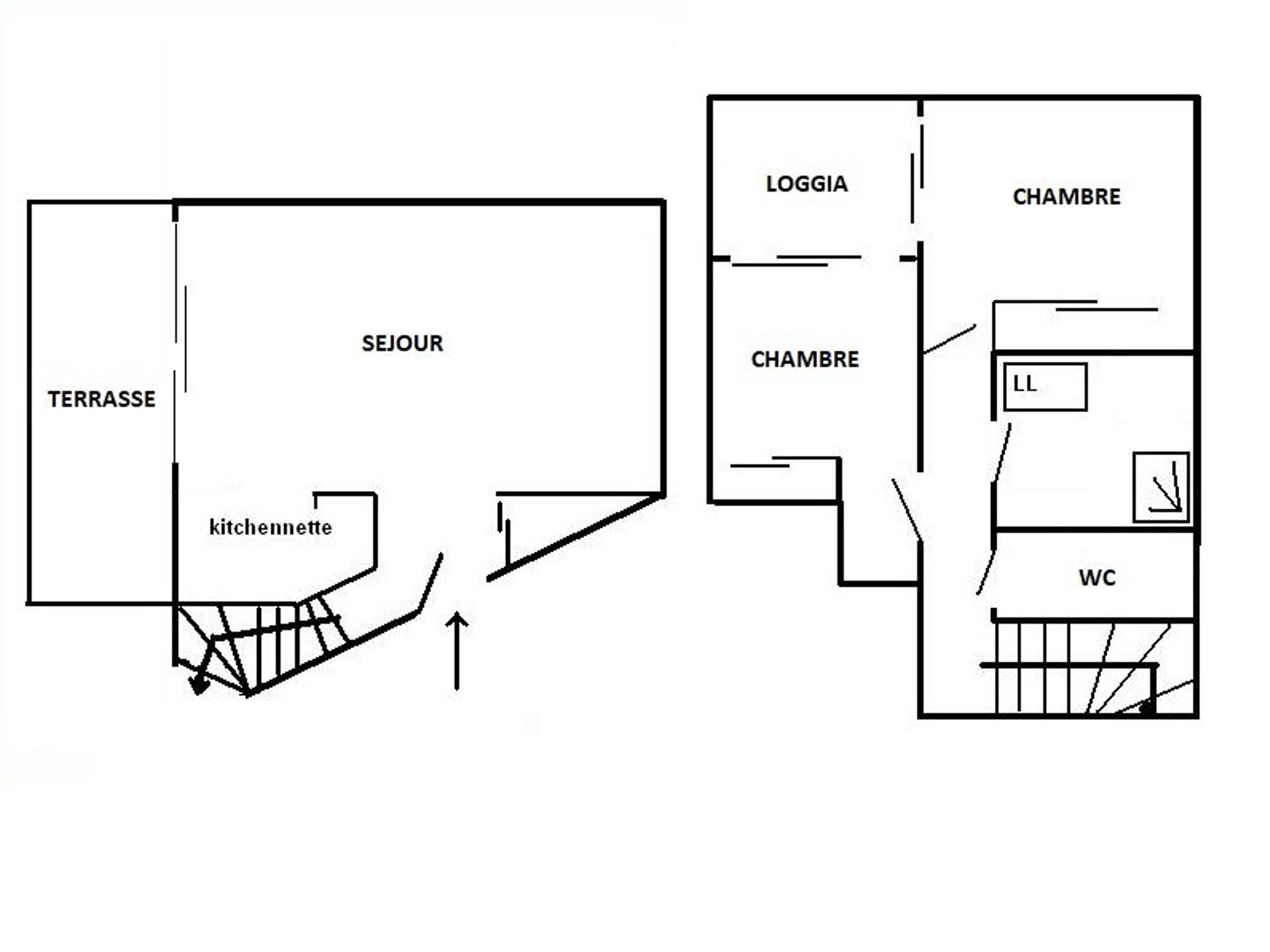 Plano de planta que muestra una terraza, kitchenette, logia y un aseo.