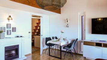 Télévision, cheminée, table de tennis de table