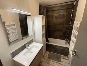 Ducha, secador de pelo, toallas, papel higiénico