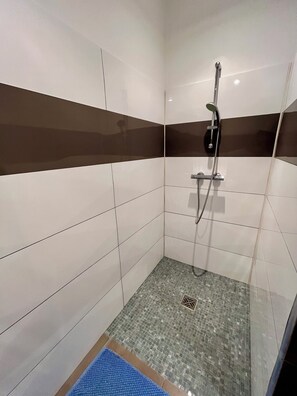 Dusche, Haartrockner, Handtücher, Toilettenpapier