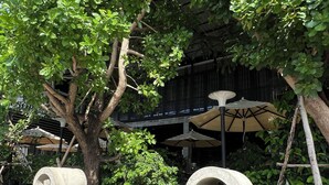 Outdoor seating area with stone sculptures, a tree, and a building in the background. - Macchiato Resort Savannakhet (Savannakhet)