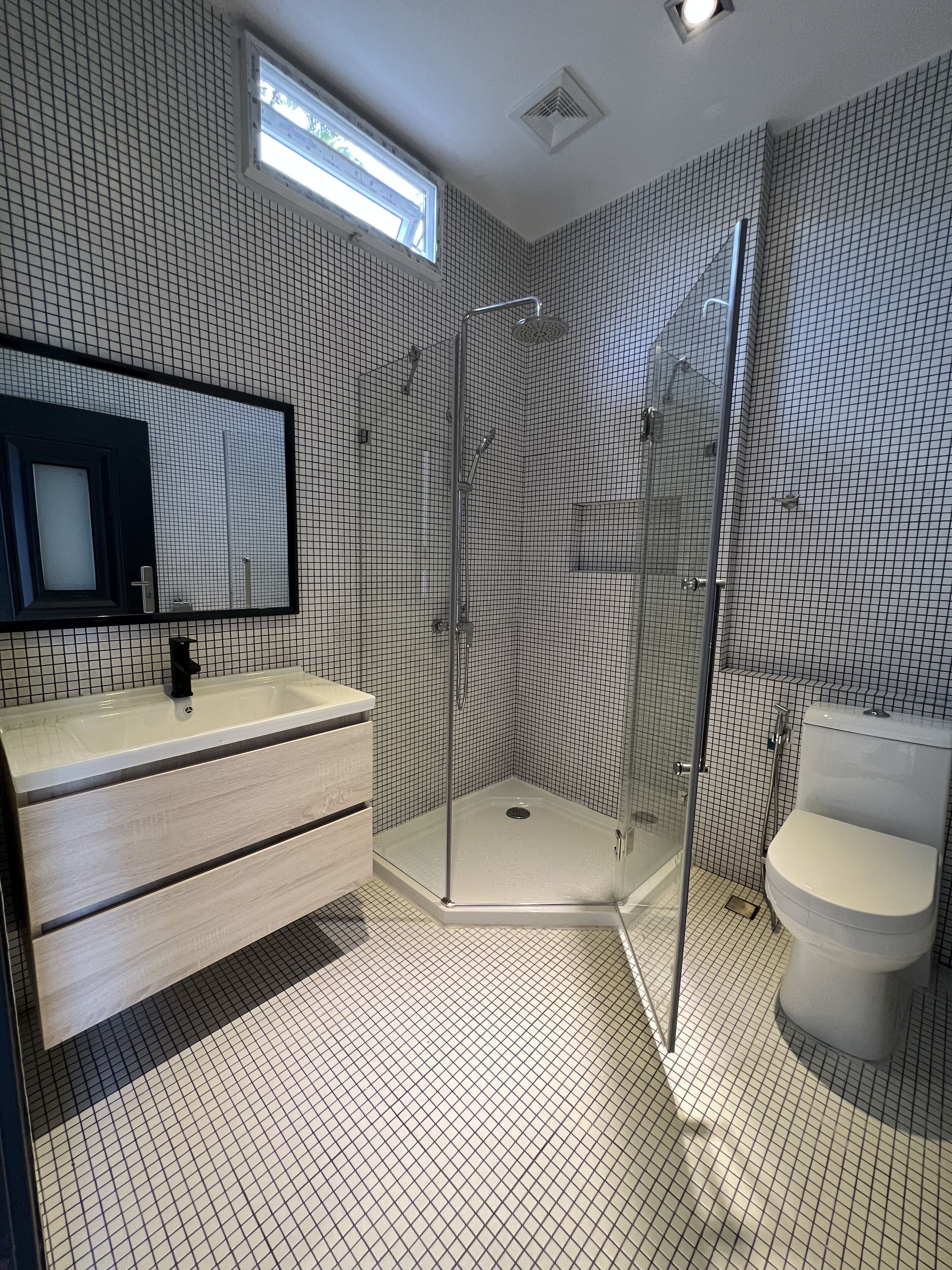 A modern bathroom with a glass-enclosed shower, a vanity with a mirror, and a toilet.
