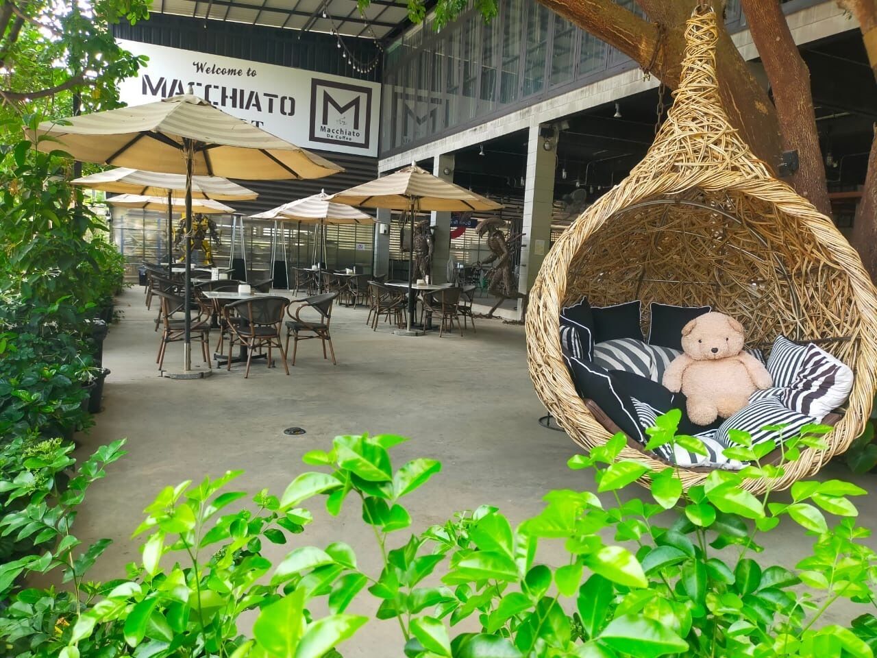 An outdoor seating area with wicker chairs and umbrellas, a wicker hanging chair with a teddy bear, and a sign for 'Matchati Coffee'.