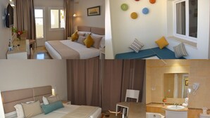 Una habitación de hotel con cama, mesita de noche y baño con lavabo e inodoro.