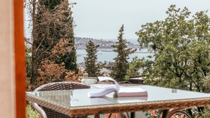 A glass-top table with a book and a pen, overlooking a body of water and trees. - Uphill Glavanovic Pool Villa (Bar)