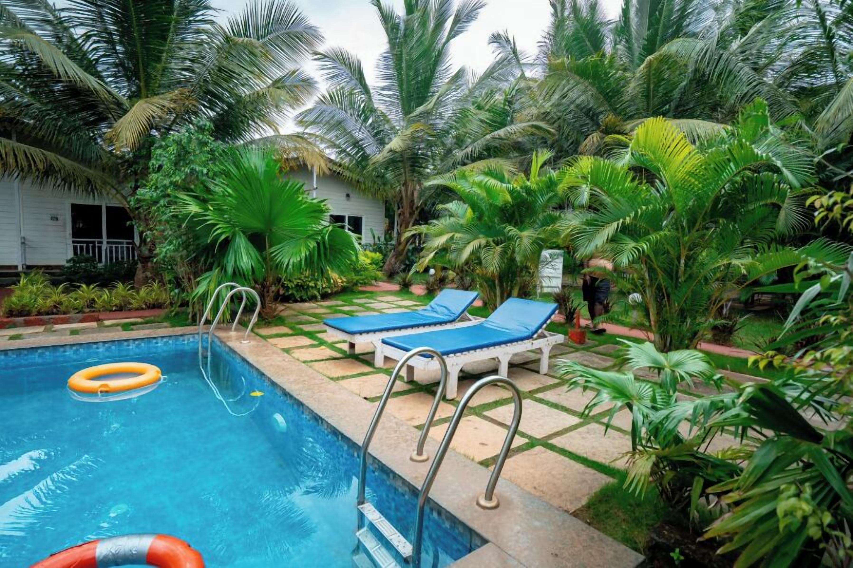 Une piscine entourée de plantes tropicales luxuriantes, avec des chaises longues et un poste de surveillance pour le sauveteur.