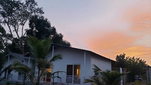 A white house with a porch, surrounded by palm trees and a garden. - White Truffle Resort (Arambol)