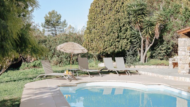 A swimming pool with lounge chairs and an umbrella, surrounded by greenery and a stone wall.
