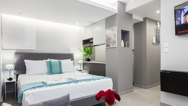 A modern hotel room with a large bed, bedside tables, a TV, and a small round table with a vase of flowers.