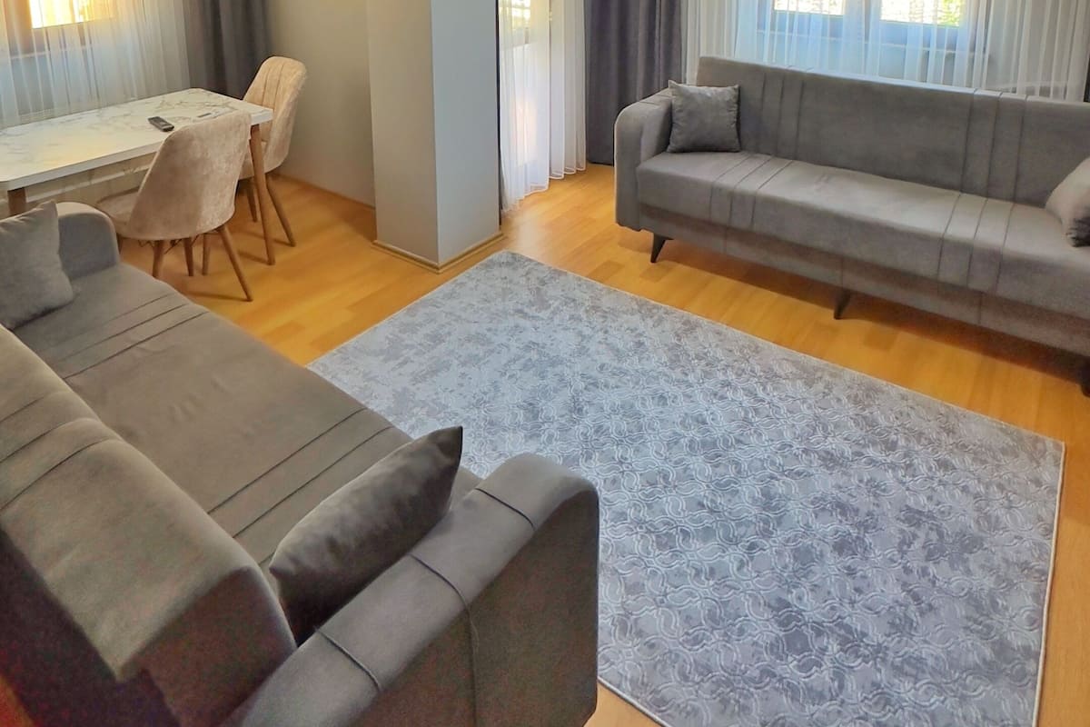 Uma sala de estar moderna com um sofá cinzento, uma mesa de jantar com cadeiras e um tapete estampado.