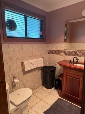 Une salle de bain avec des toilettes, un lavabo et une fenêtre.