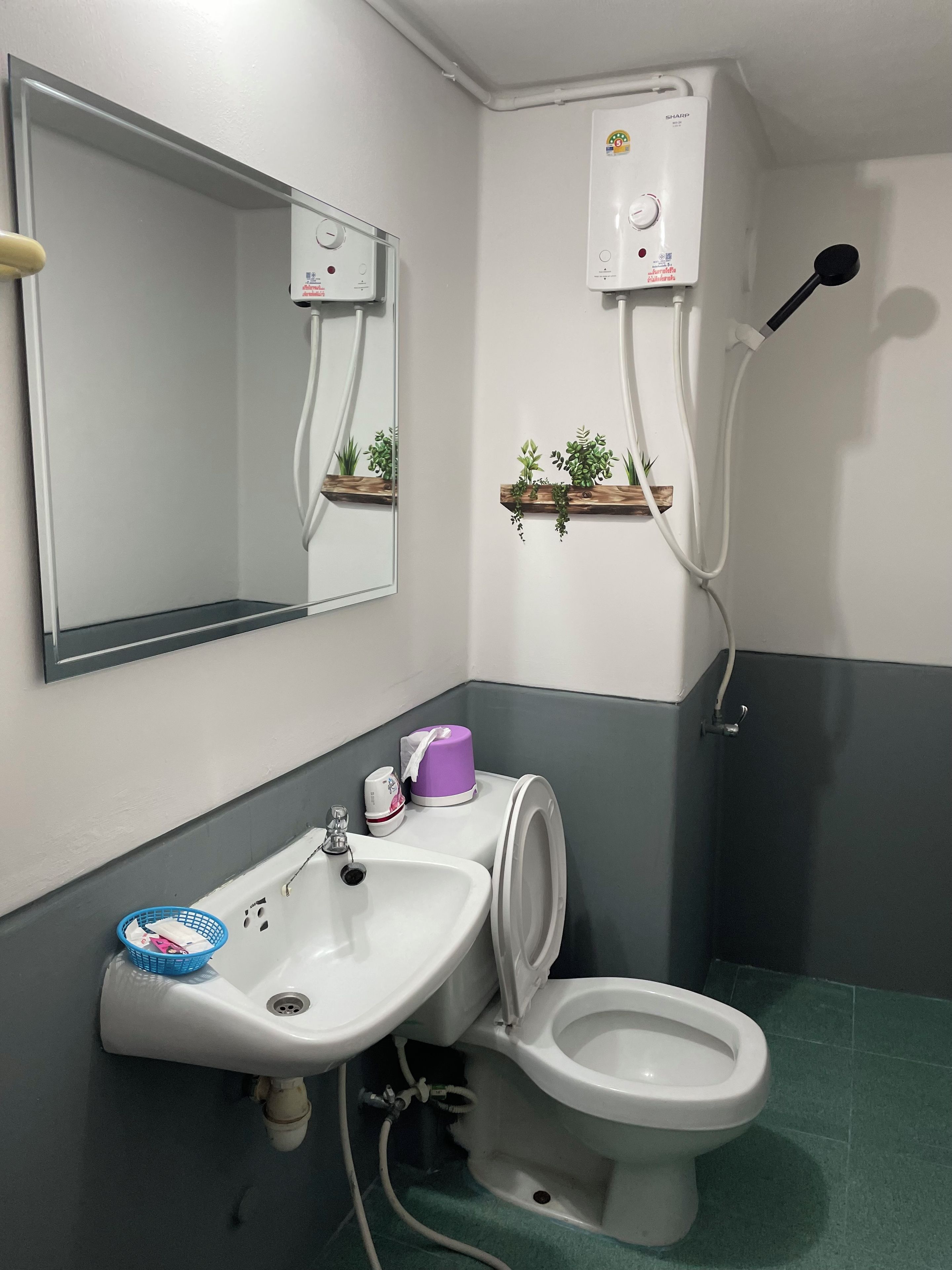 A bathroom with a sink, toilet, mirror, and a shower.