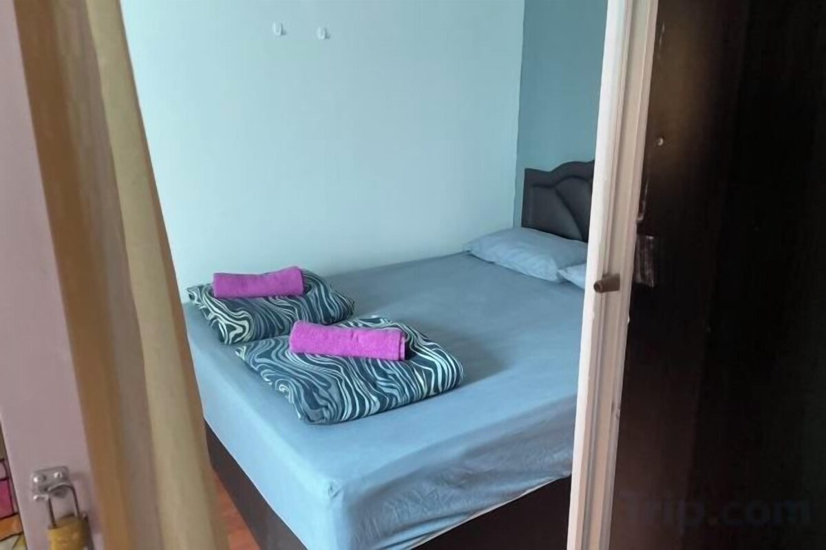 Premium bedding, desk, laptop workspace, blackout curtains