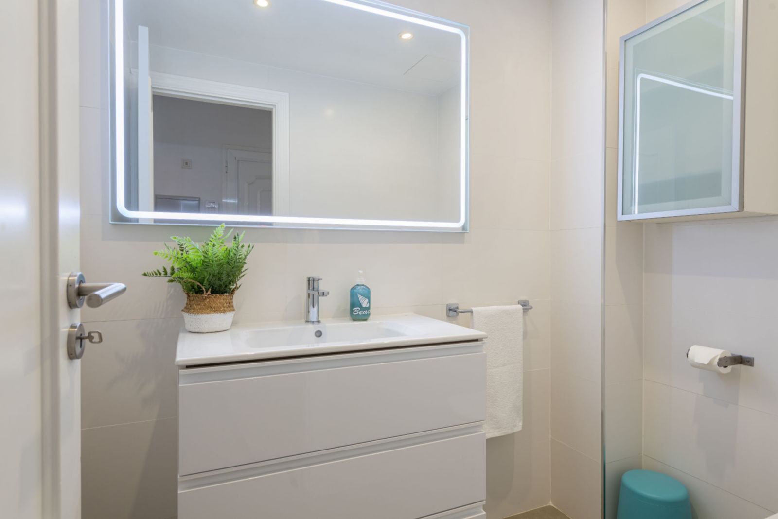 Un bany amb un lavabo blanc, un mirall, una planta en test i un vàter.