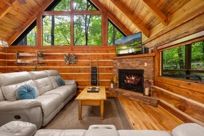 Una Smart TV, una chimenea, libros, un reproductor estéreo