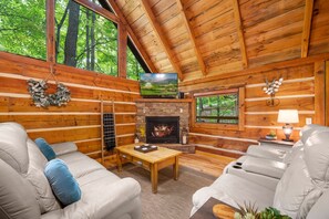 Smart TV, chimenea, libros y estéreo 