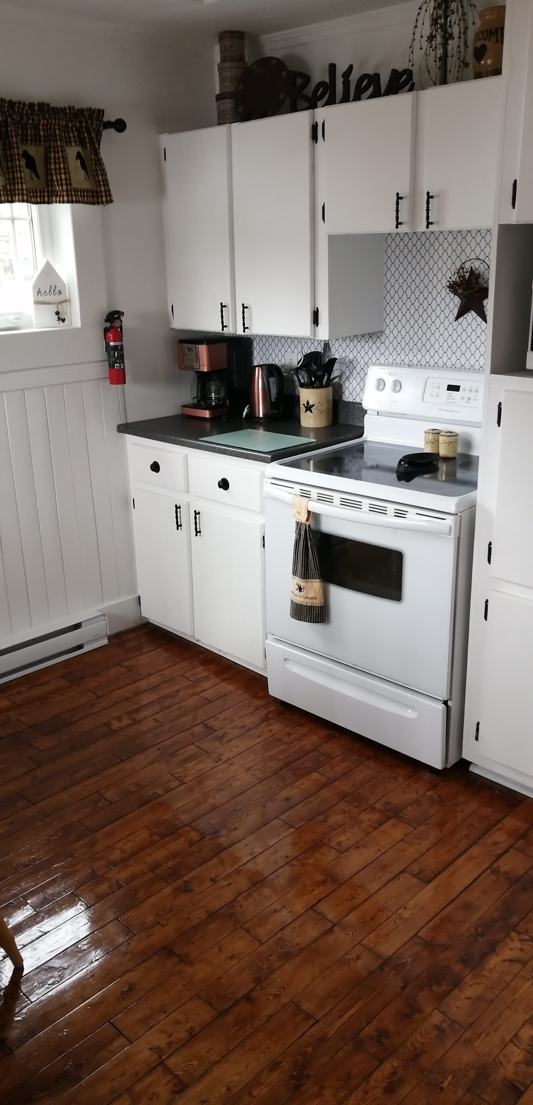 Fridge, oven, stovetop, coffee/tea maker