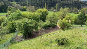A rural landscape with a fenced property, a small building, and a hill in the background.