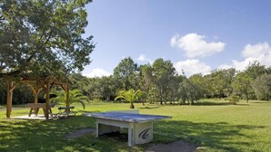 Um parque com mesa de pingue-pongue, pérgola de madeira e mesa para piquenique.