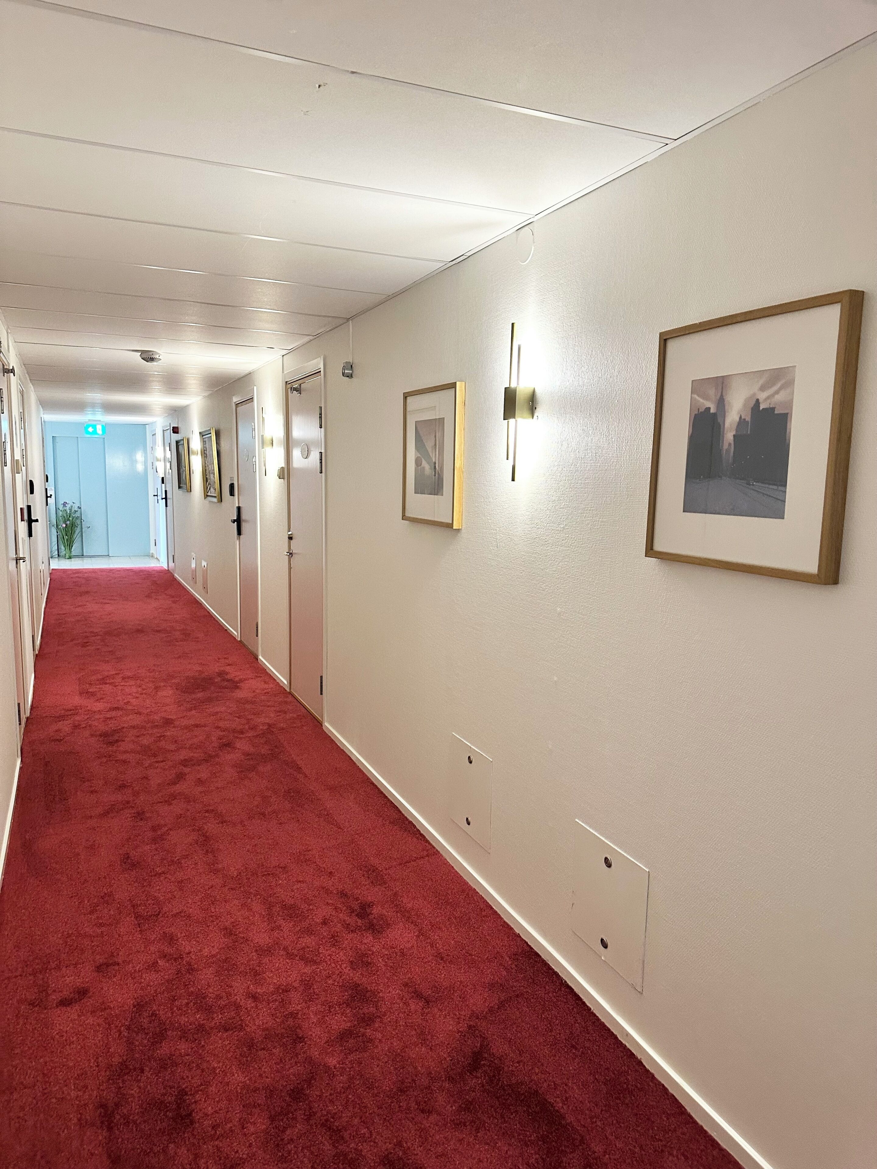 Un pasillo con alfombra roja, paredes blancas, cuadros enmarcados y una lámpara.