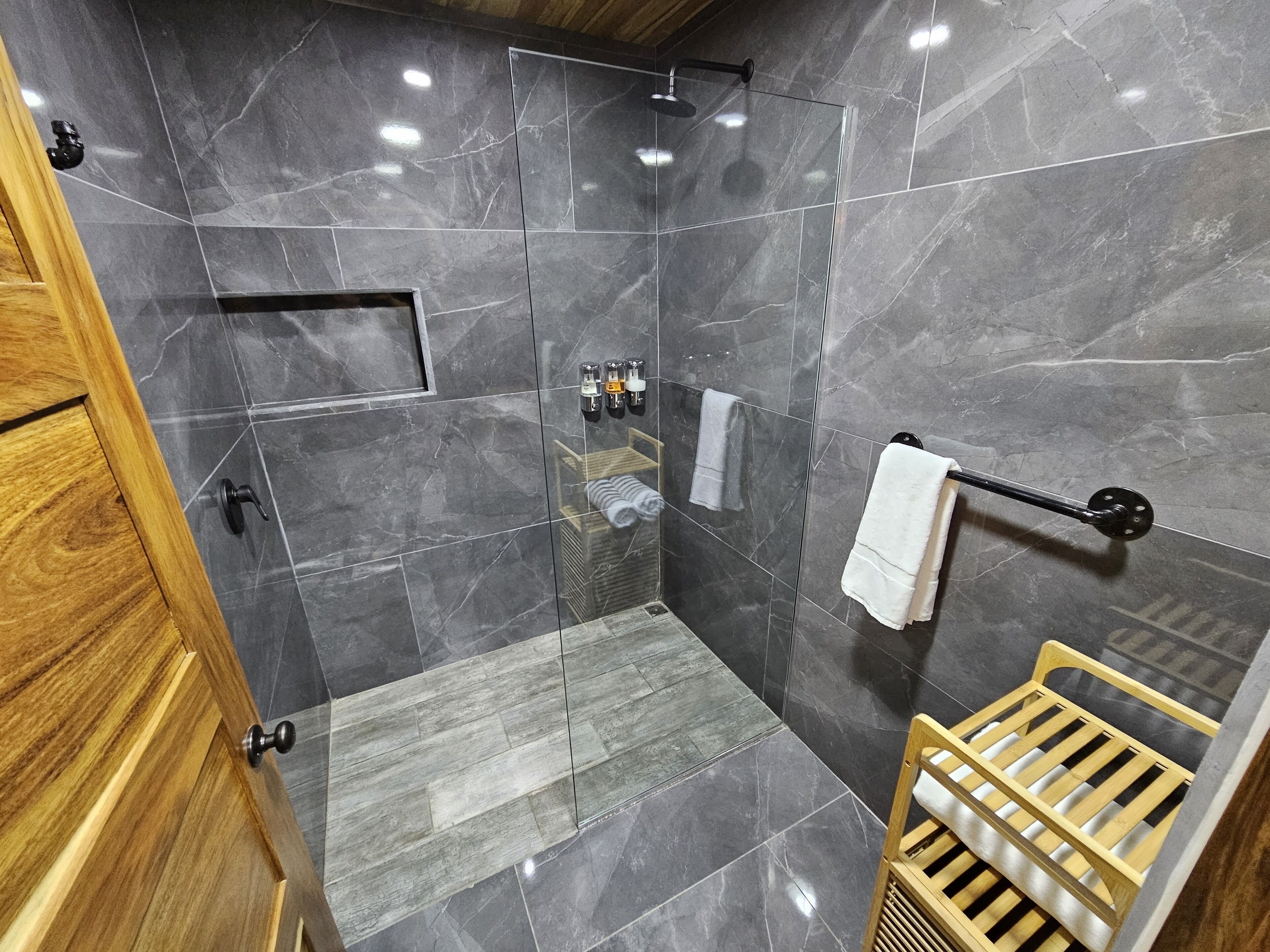 Hair dryer, towels, soap, shampoo
