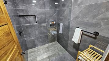 Hair dryer, towels, soap, shampoo