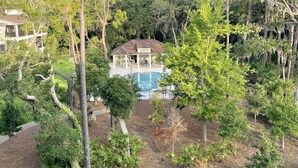 A house with a swimming pool surrounded by trees.